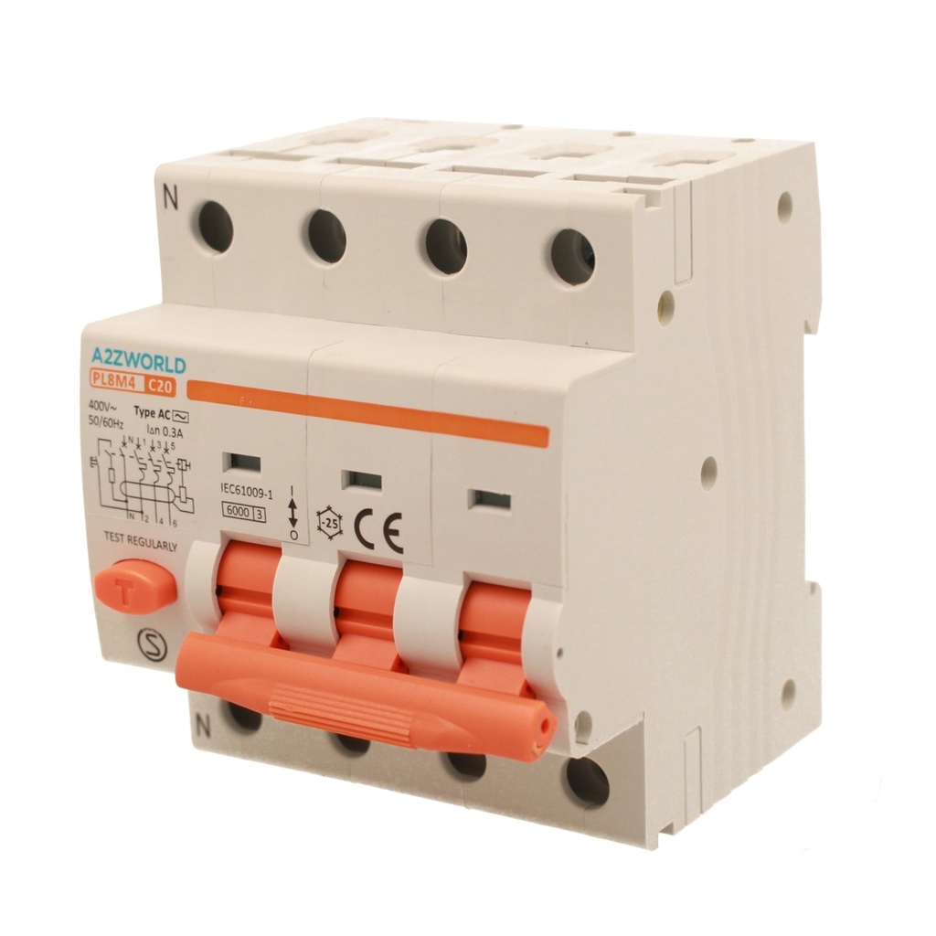 A2ZWORLD RCBO Interruttore Magnetotermico Differenziale Tipo AC Curva C 3P+N 4M 6000A 300mA C20A AC 400V IP20 IEC61009-1 PL8M4