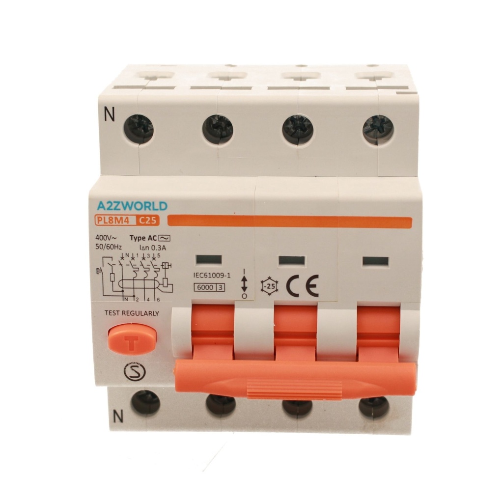 A2ZWORLD RCBO Interruttore Magnetotermico Differenziale Tipo AC Curva C 3P+N 4M 6000A 300mA C25A AC 400V IP20 IEC61009-1 PL8M4