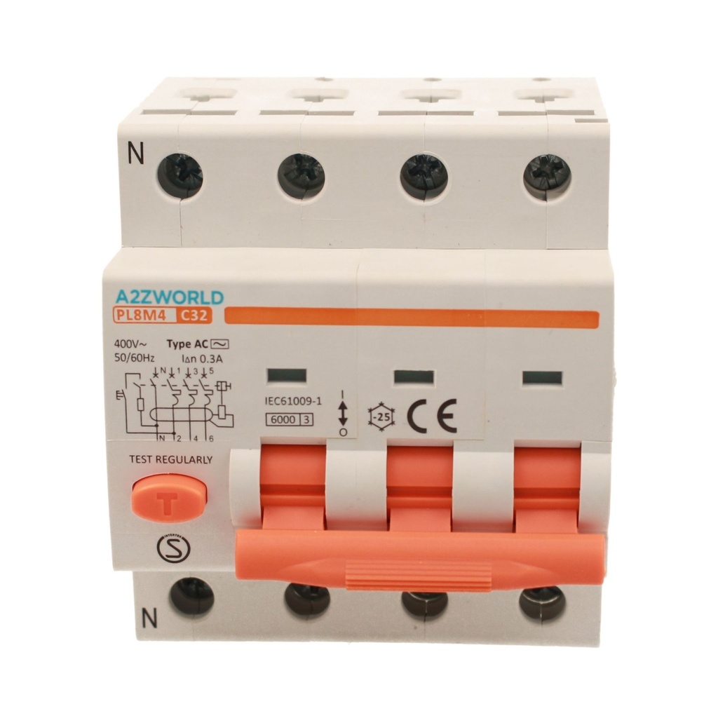 A2ZWORLD RCBO Interruttore Magnetotermico Differenziale Tipo AC Curva C 3P+N 4M 6000A 300mA C32A AC 400V IP20 IEC61009-1 PL8M4