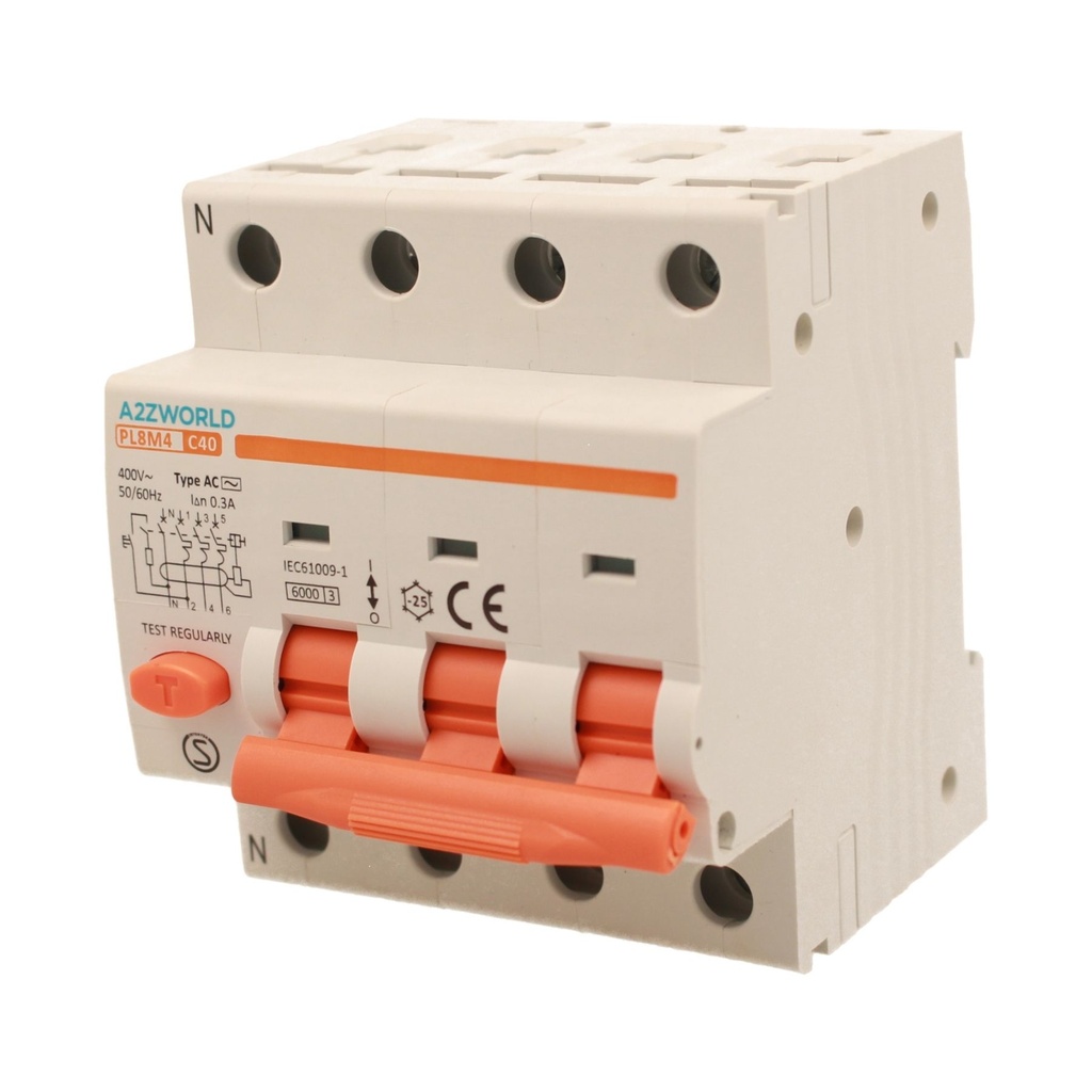 A2ZWORLD RCBO Interruttore Magnetotermico Differenziale Tipo AC Curva C 3P+N 4M 6000A 300mA C40A AC 400V IP20 IEC61009-1 PL8M4