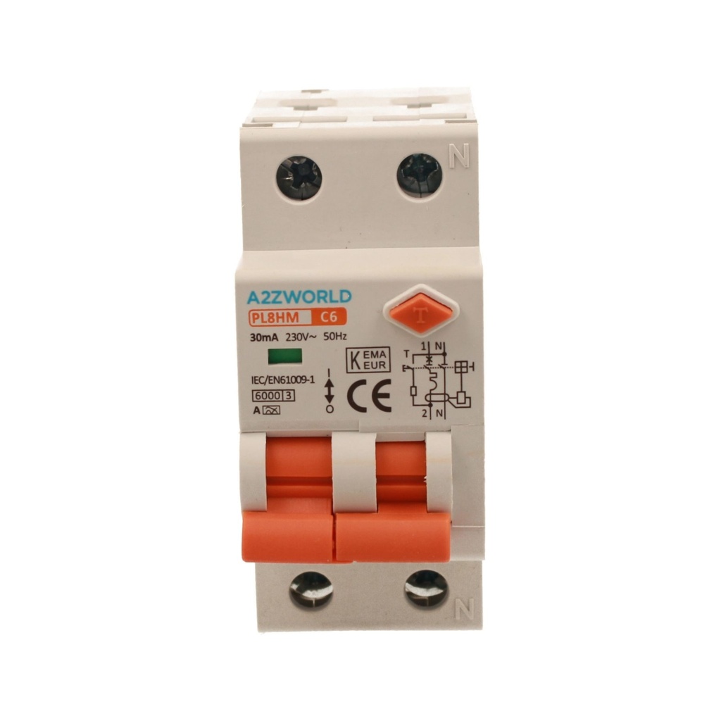 A2ZWORLD RCBO Doppia Leva, Interruttore Magnetotermico Differenziale Tipo A Curva C 1P+N 2M 6000A 30mA C6A AC 230V IP20 IEC61009-1 PL8HM