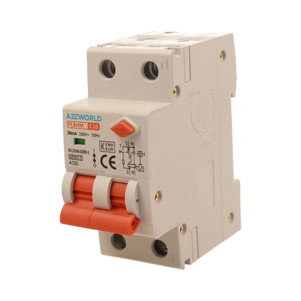A2ZWORLD RCBO Doppia Leva, Interruttore Magnetotermico Differenziale Tipo A Curva C 1P+N 2M 6000A 30mA C10A AC 230V IP20 IEC61009-1 PL8HM
