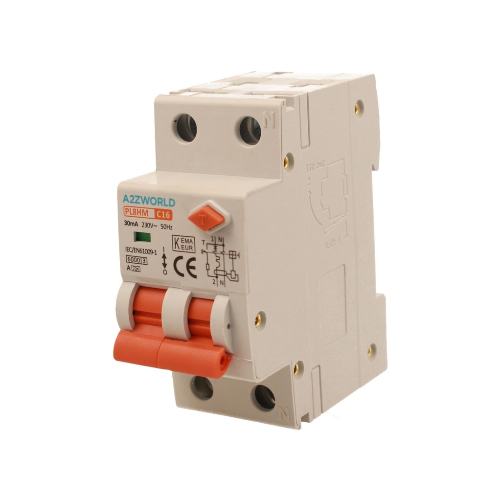 RCBO Doppia Leva, Interruttore Magnetotermico Differenziale Tipo A Curva C 1P+N 2M 6000A 30mA C16A AC 230V IP20 IEC61009-1 PL8HM