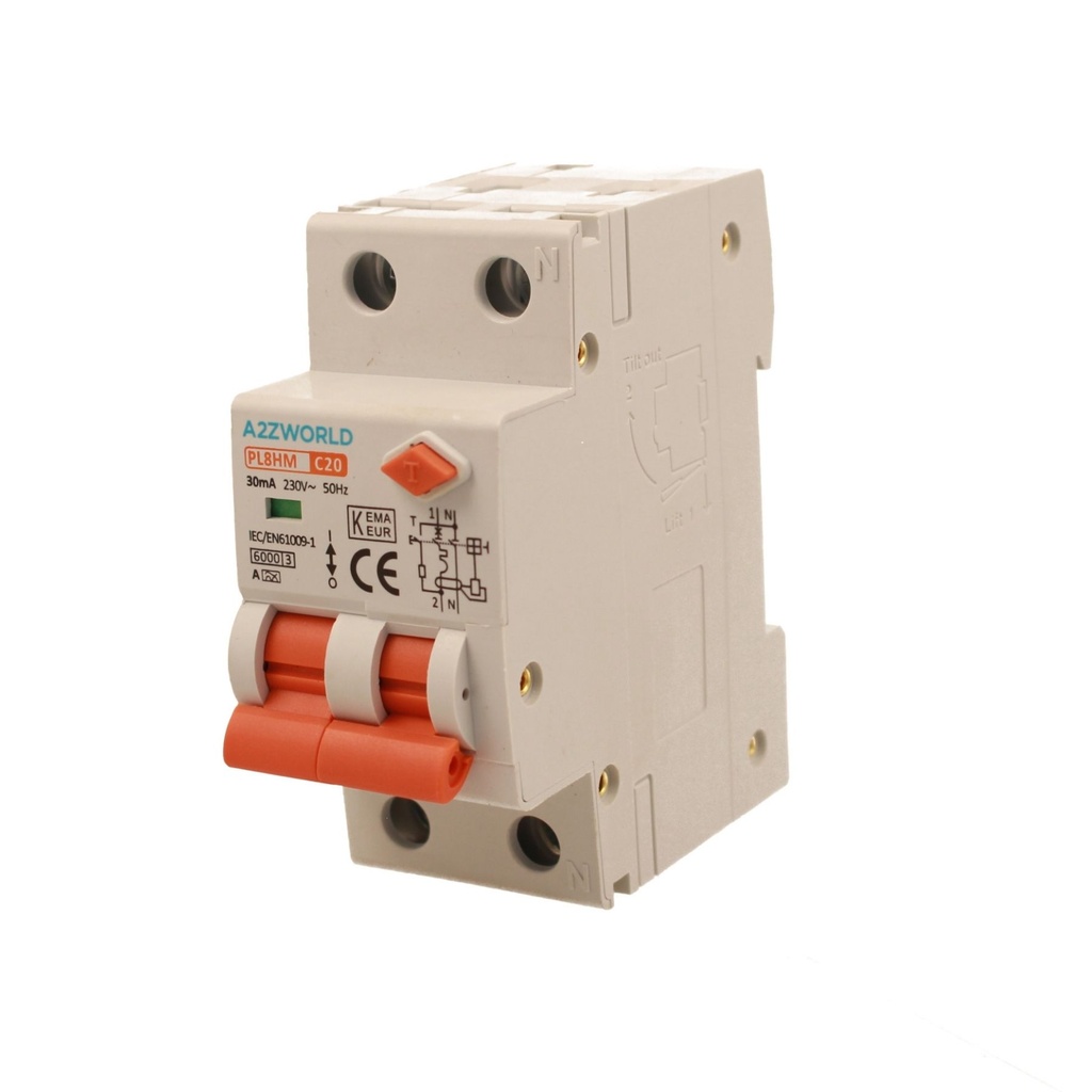A2ZWORLD RCBO Doppia Leva, Interruttore Magnetotermico Differenziale Tipo A Curva C 1P+N 2M 6000A 30mA C20A AC 230V IP20 IEC61009-1 PL8HM