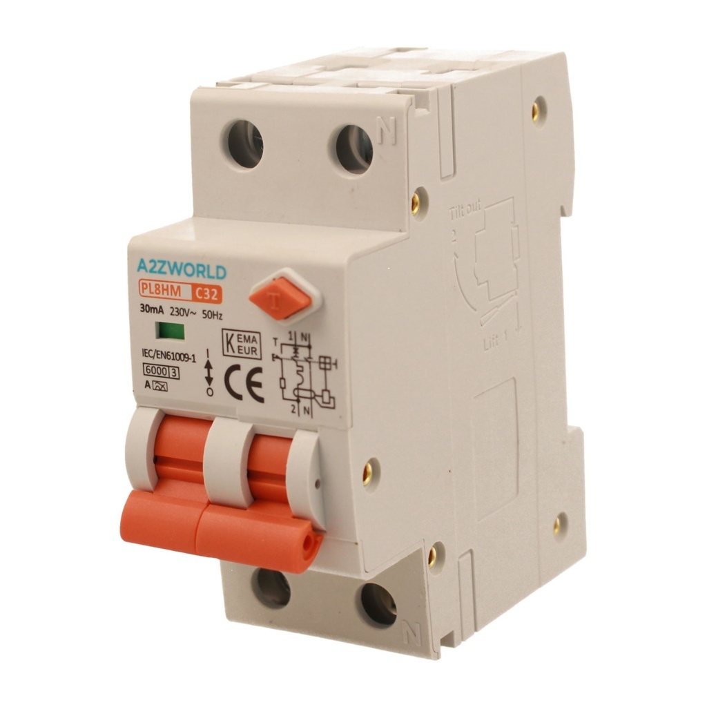 A2ZWORLD RCBO Doppia Leva, Interruttore Magnetotermico Differenziale Tipo A Curva C 1P+N 2M 6000A 30mA C32A AC 230V IP20 IEC61009-1 PL8HM