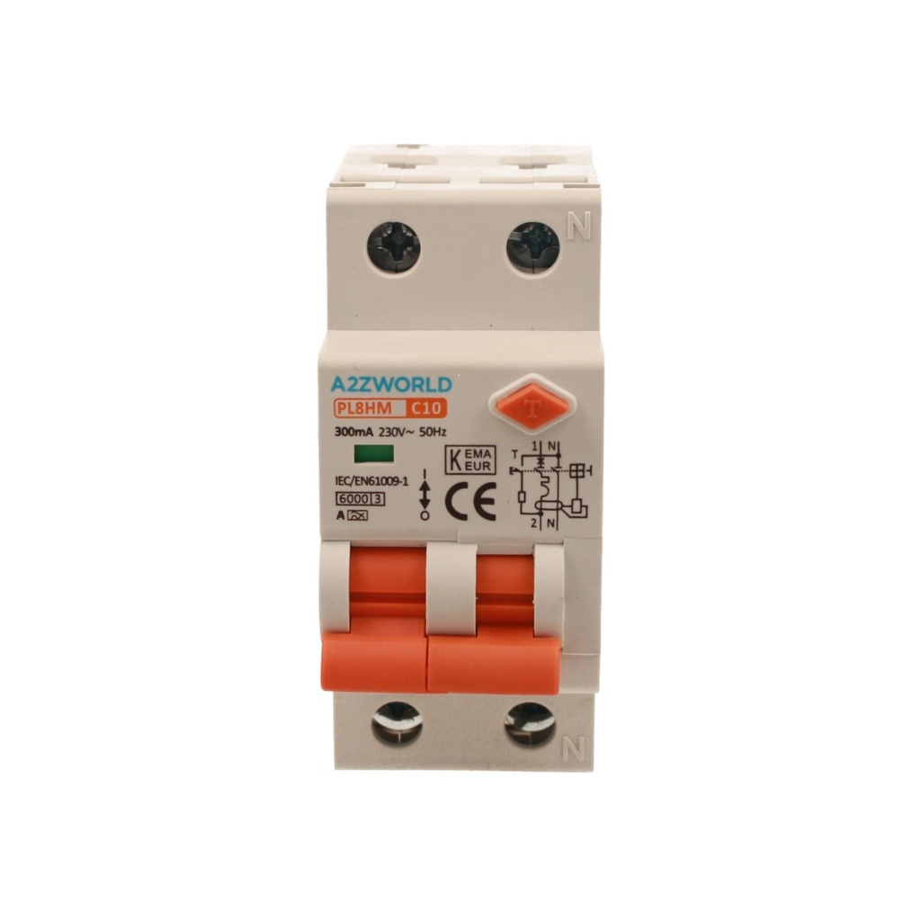 A2ZWORLD RCBO Doppia Leva, Interruttore Magnetotermico Differenziale Tipo A Curva C 1P+N 2M 6000A 300mA C10A AC 230V IP20 IEC61009-1 PL8HM