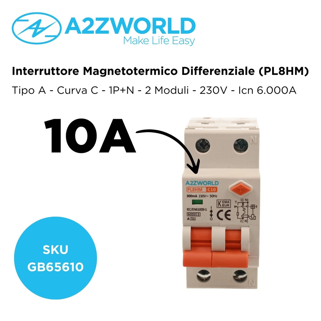 RCBO Doppia Leva, Interruttore Magnetotermico Differenziale Tipo A Curva C 1P+N 2M 6000A 300mA C10A AC 230V IP20 IEC61009-1 PL8HM
