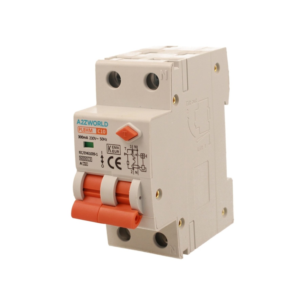 A2ZWORLD RCBO Doppia Leva, Interruttore Magnetotermico Differenziale Tipo A Curva C 1P+N 2M 6000A 300mA C10A AC 230V IP20 IEC61009-1 PL8HM