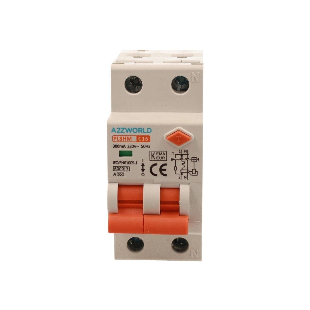 A2ZWORLD RCBO Doppia Leva, Interruttore Magnetotermico Differenziale Tipo A Curva C 1P+N 2M 6000A 300mA C16A AC 230V IP20 IEC61009-1 PL8HM