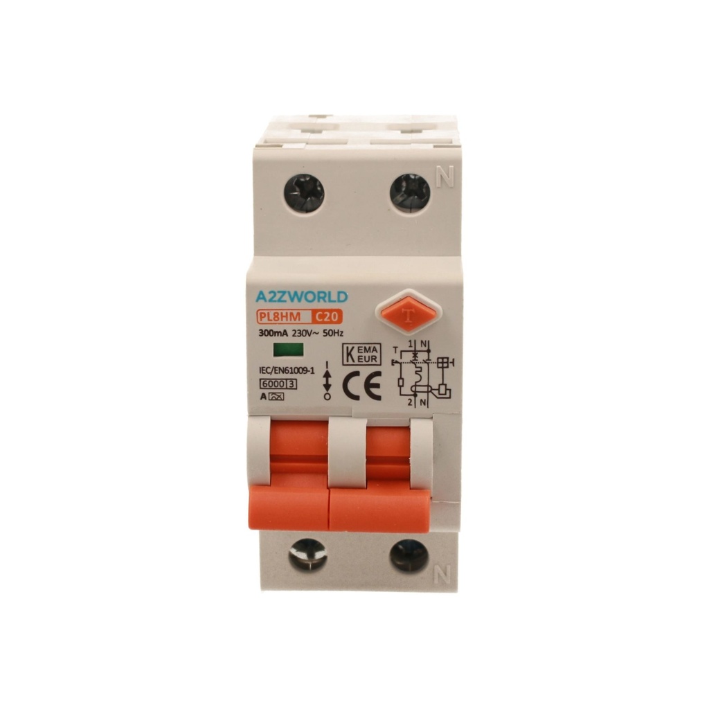 A2ZWORLD RCBO Doppia Leva, Interruttore Magnetotermico Differenziale Tipo A Curva C 1P+N 2M 6000A 300mA C20A AC 230V IP20 IEC61009-1 PL8HM