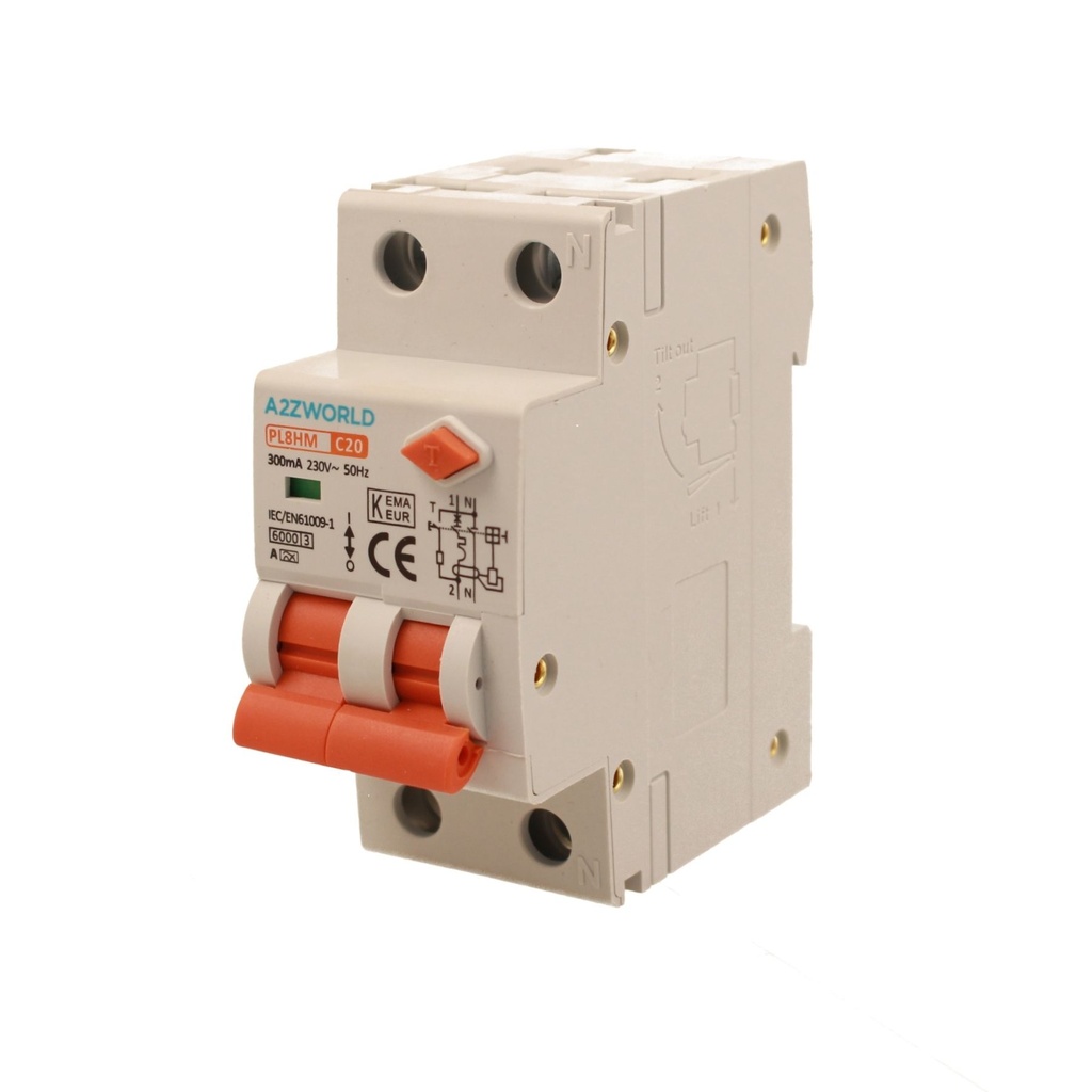 A2ZWORLD RCBO Doppia Leva, Interruttore Magnetotermico Differenziale Tipo A Curva C 1P+N 2M 6000A 300mA C20A AC 230V IP20 IEC61009-1 PL8HM