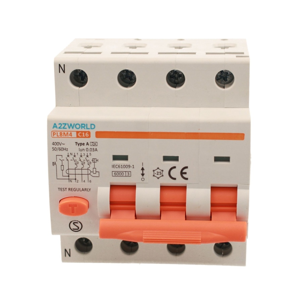 A2ZWORLD RCBO Interruttore Magnetotermico Differenziale Tipo A Curva C 3P+N 4M 6000A 30mA C16A AC 400V IP20 IEC61009-1 PL8M4