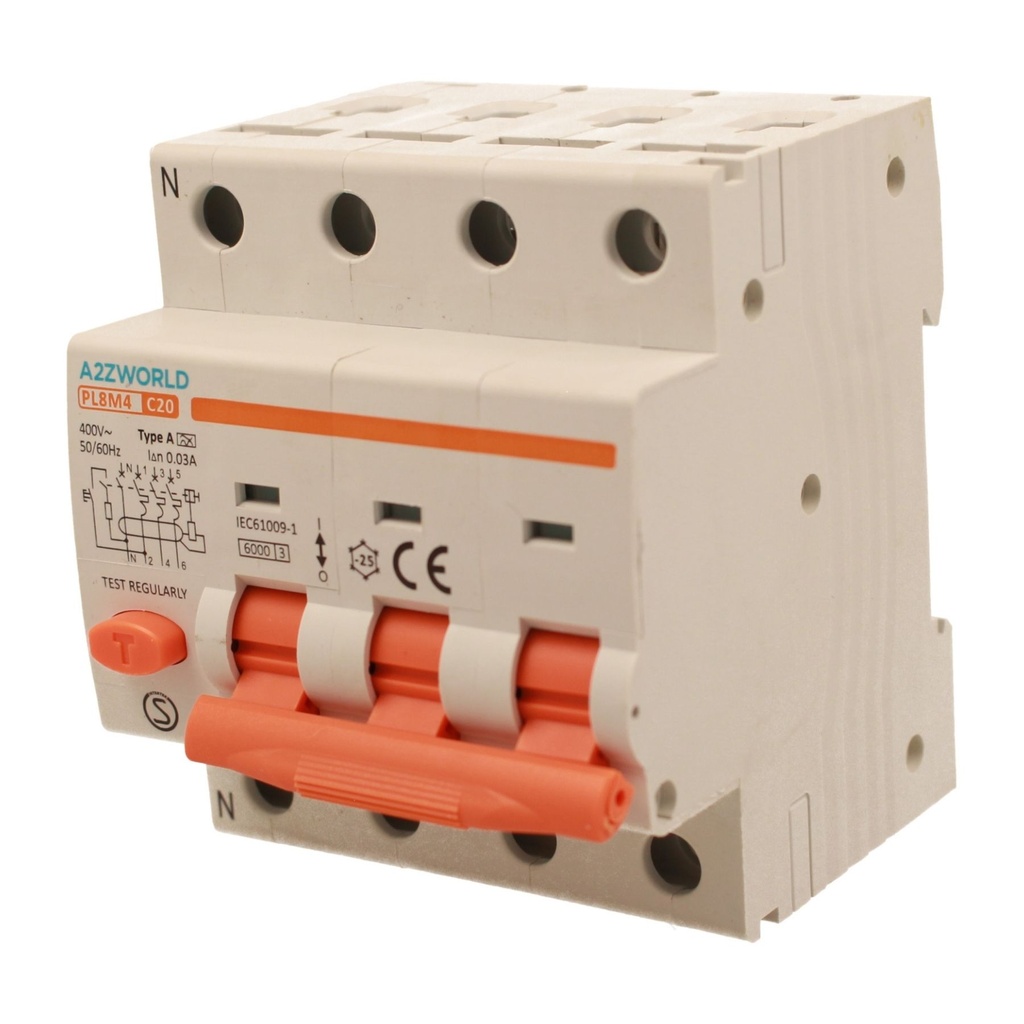 A2ZWORLD RCBO Interruttore Magnetotermico Differenziale Tipo A Curva C 3P+N 4M 6000A 30mA C20A AC 400V IP20 IEC61009-1 PL8M4