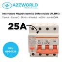 RCBO Interruttore Magnetotermico Differenziale Tipo A Curva C 3P+N 4M 6000A 30mA C25A AC 400V IP20 IEC61009-1 PL8M4
