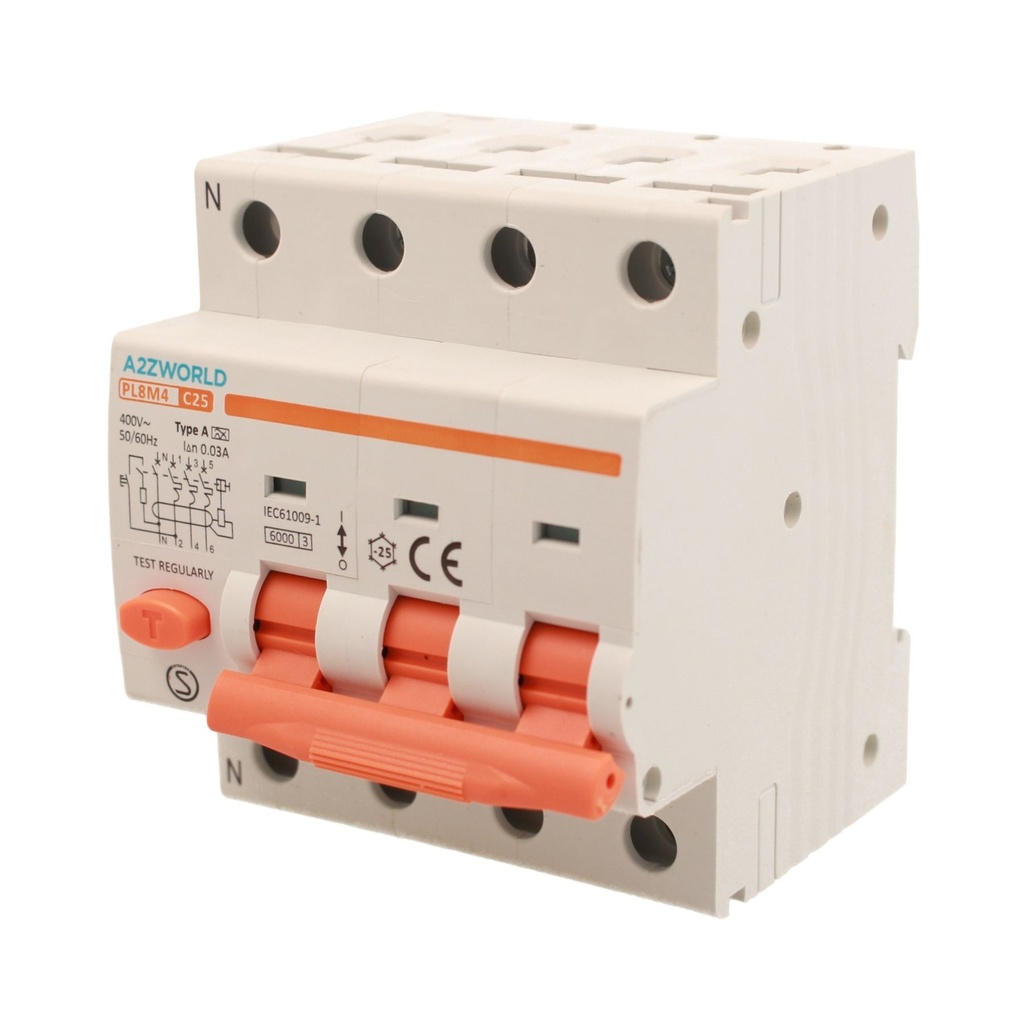 A2ZWORLD RCBO Interruttore Magnetotermico Differenziale Tipo A Curva C 3P+N 4M 6000A 30mA C25A AC 400V IP20 IEC61009-1 PL8M4