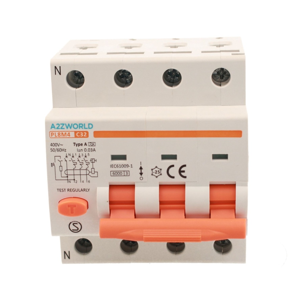 A2ZWORLD RCBO Interruttore Magnetotermico Differenziale Tipo A Curva C 3P+N 4M 6000A 30mA C32A AC 400V IP20 IEC61009-1 PL8M4