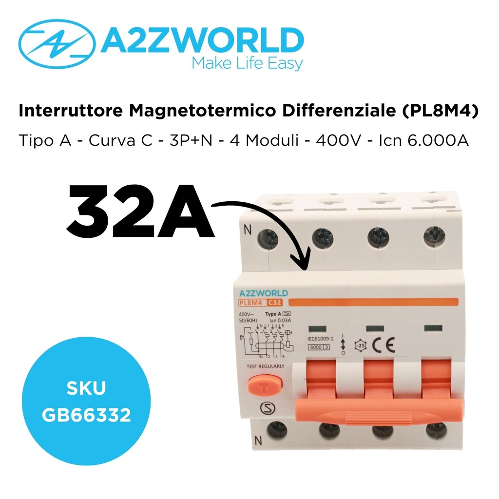RCBO Interruttore Magnetotermico Differenziale Tipo A Curva C 3P+N 4M 6000A 30mA C32A AC 400V IP20 IEC61009-1 PL8M4
