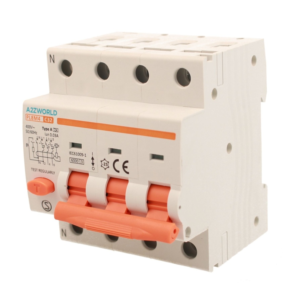 A2ZWORLD RCBO Interruttore Magnetotermico Differenziale Tipo A Curva C 3P+N 4M 6000A 30mA C32A AC 400V IP20 IEC61009-1 PL8M4