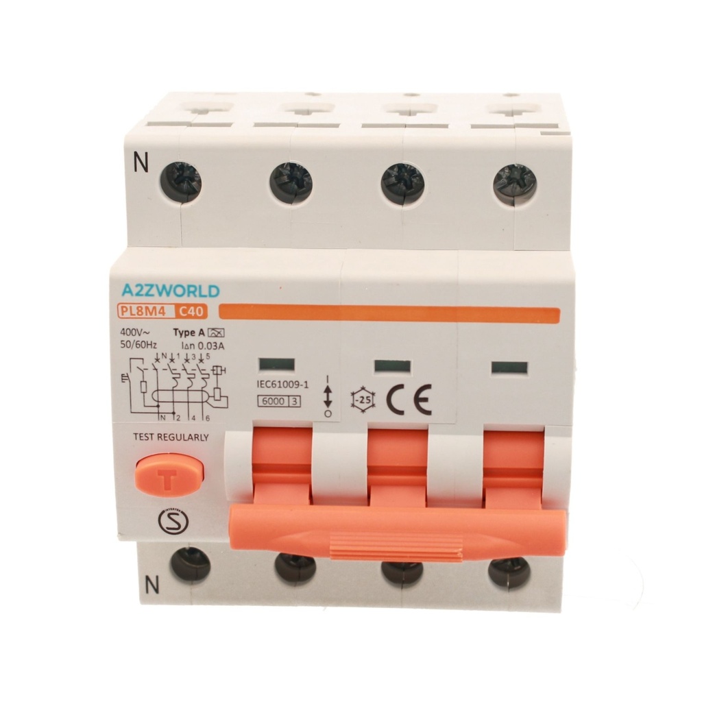 A2ZWORLD RCBO Interruttore Magnetotermico Differenziale Tipo A Curva C 3P+N 4M 6000A 30mA C40A AC 400V IP20 IEC61009-1 PL8M4
