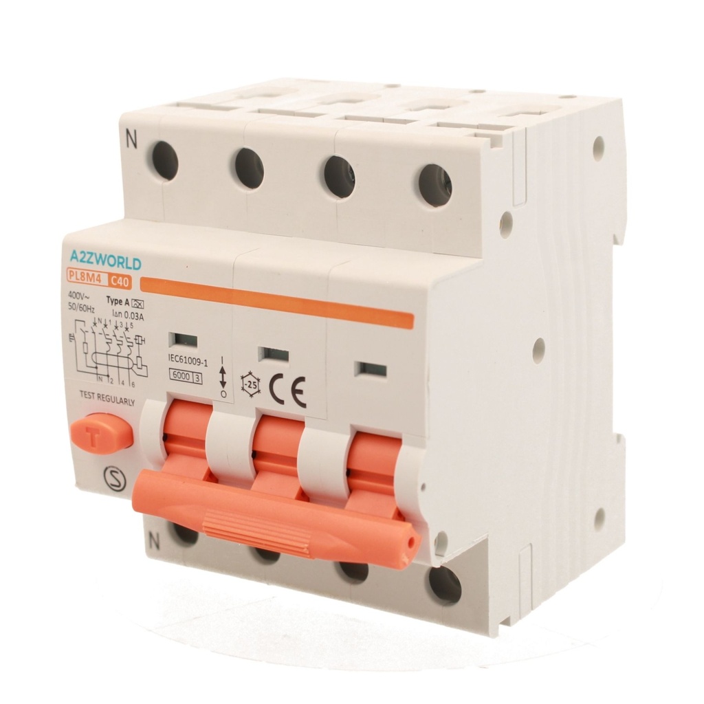A2ZWORLD RCBO Interruttore Magnetotermico Differenziale Tipo A Curva C 3P+N 4M 6000A 30mA C40A AC 400V IP20 IEC61009-1 PL8M4