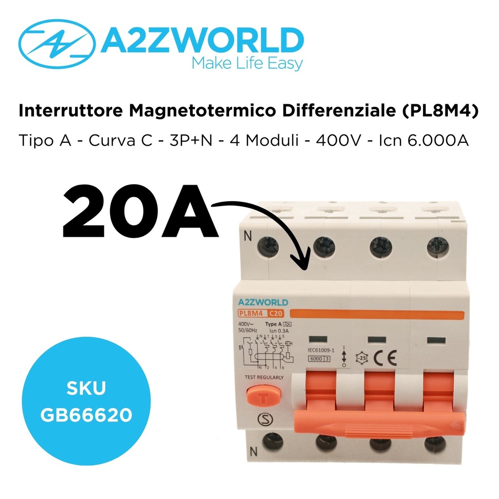 RCBO Interruttore Magnetotermico Differenziale Tipo A Curva C 3P+N 4M 6000A 300mA C20A AC 400V IP20 IEC61009-1 PL8M4