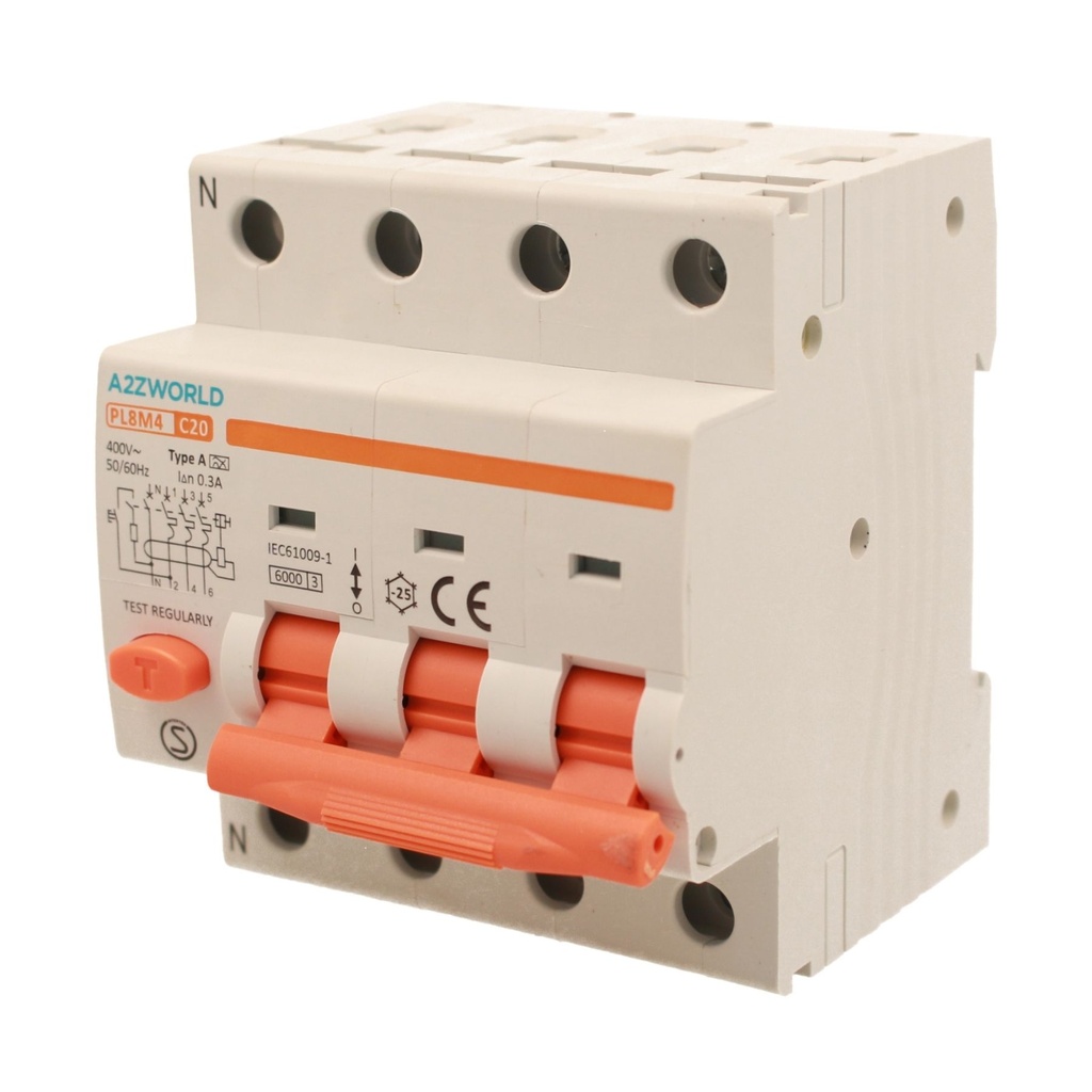 A2ZWORLD RCBO Interruttore Magnetotermico Differenziale Tipo A Curva C 3P+N 4M 6000A 300mA C20A AC 400V IP20 IEC61009-1 PL8M4
