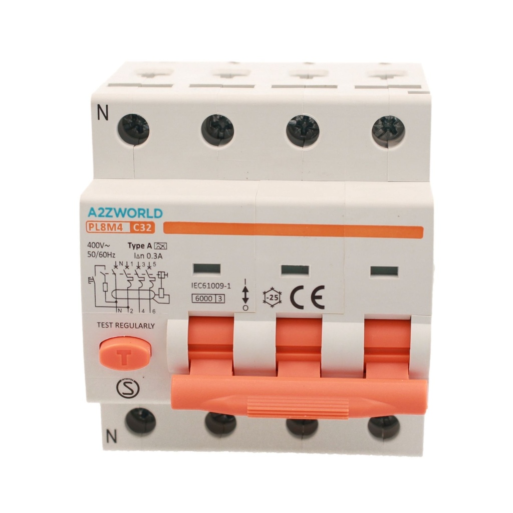 A2ZWORLD RCBO Interruttore Magnetotermico Differenziale Tipo A Curva C 3P+N 4M 6000A 300mA C32A AC 400V IP20 IEC61009-1 PL8M4