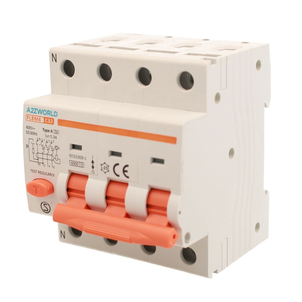 A2ZWORLD RCBO Interruttore Magnetotermico Differenziale Tipo A Curva C 3P+N 4M 6000A 300mA C32A AC 400V IP20 IEC61009-1 PL8M4