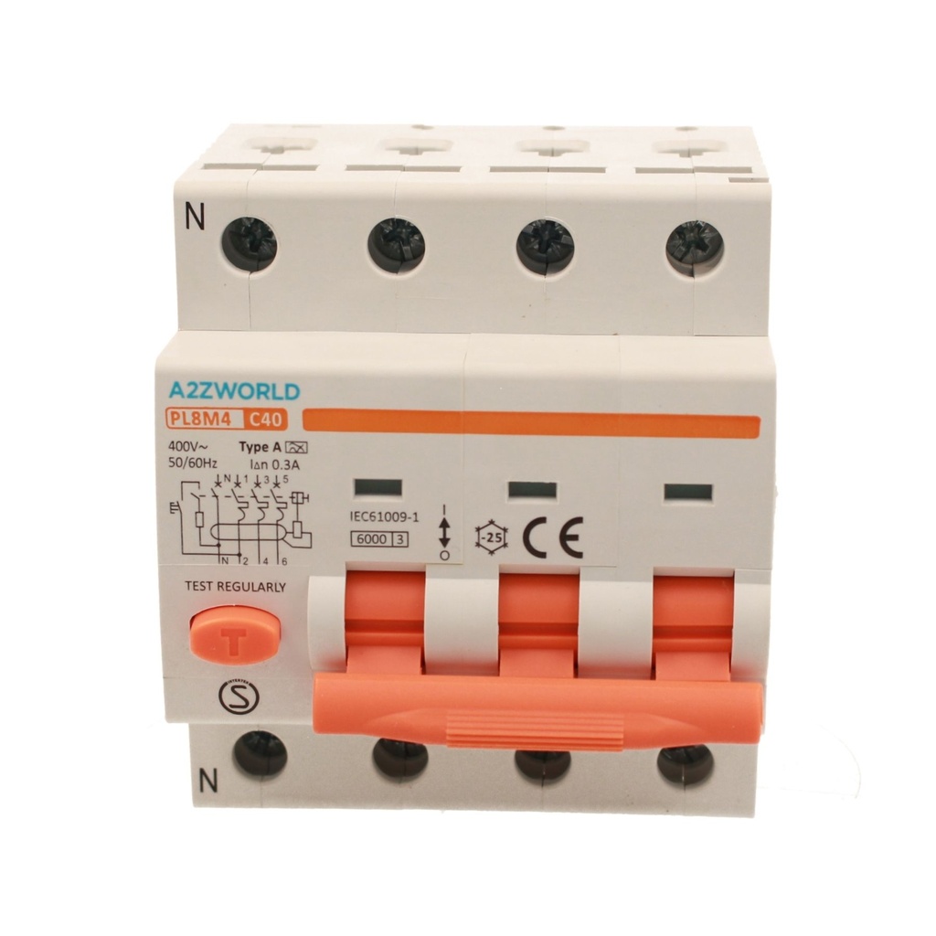 A2ZWORLD RCBO Interruttore Magnetotermico Differenziale Tipo A Curva C 3P+N 4M 6000A 300mA C40A AC 400V IP20 IEC61009-1 PL8M4