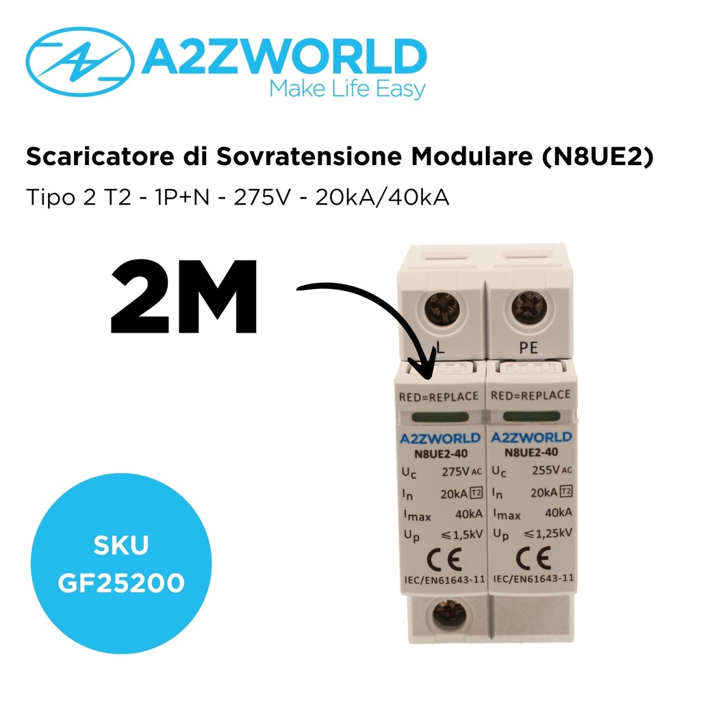 SPD Scaricatore Di Sovratensione Modulare, Tipo 2 T2 1P+N 2M 20kA-40kA AC 275V IP20 IEC61643-11 N8UE2