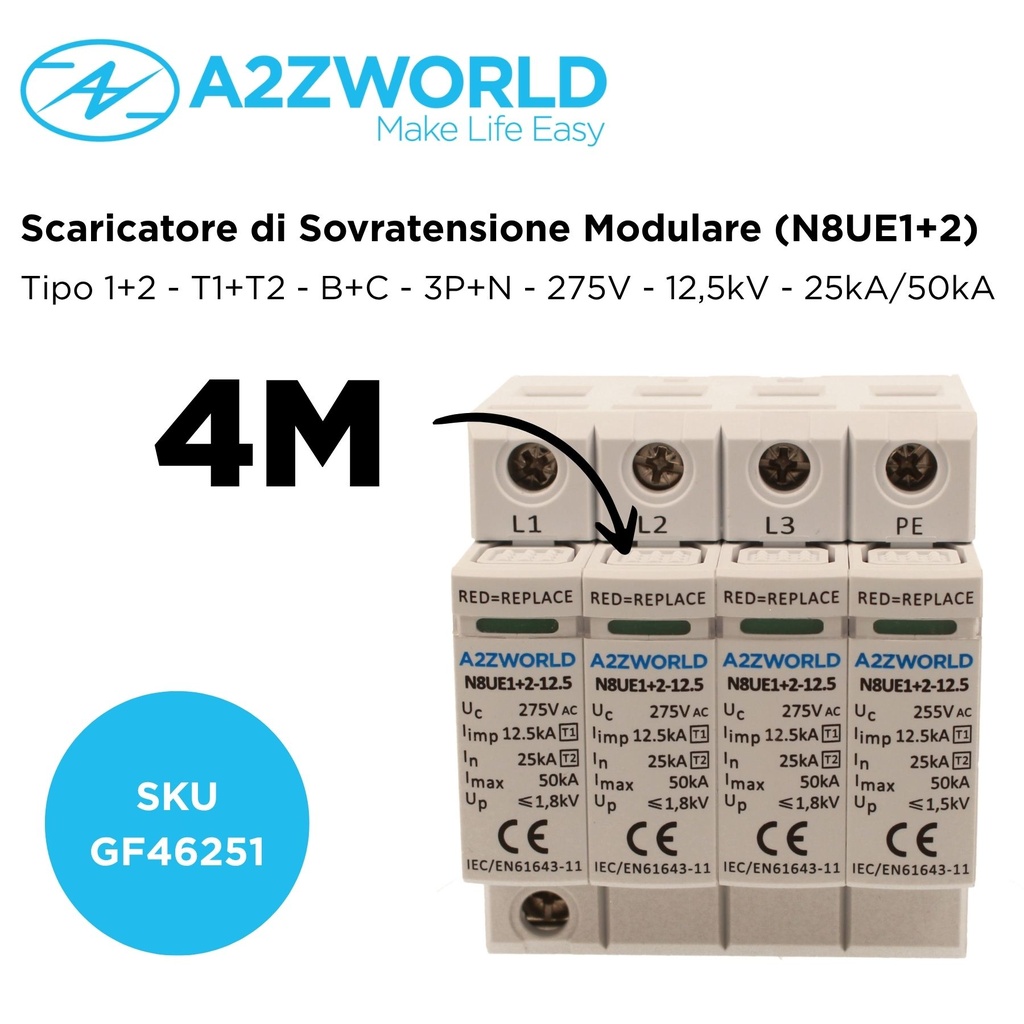 SPD Scaricatore Di Sovratensione Tipo 1+2 T1+T2 B+C 3P+N 4M 25kA-50kA 12,5kV AC 275V IP20 IEC61643-11 N8UE1+2