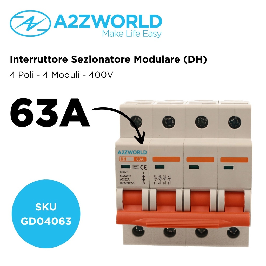 Interruttore Sezionatore Modulare 4P 4M 63A AC 400V IP20 IEC60947-3 DH