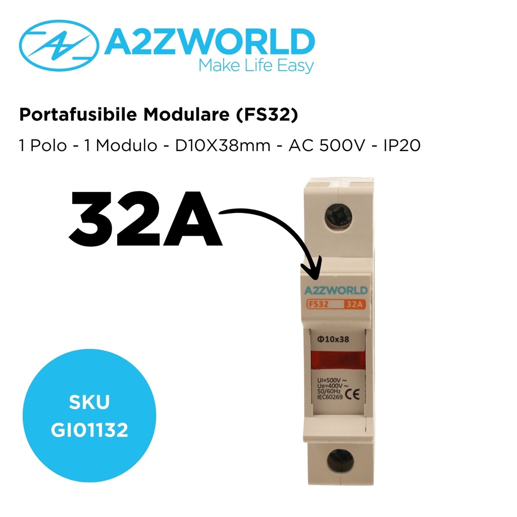 Portafusibile Modulare AC 1P 1M D10X38mm 32A AC 500V IP20 IEC60269 FS32