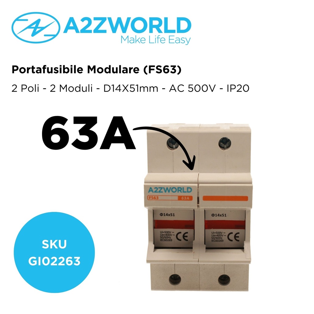 Portafusibile Modulare AC 2P 2M D14X51mm 63A AC 500V IP20 IEC60269 FS63
