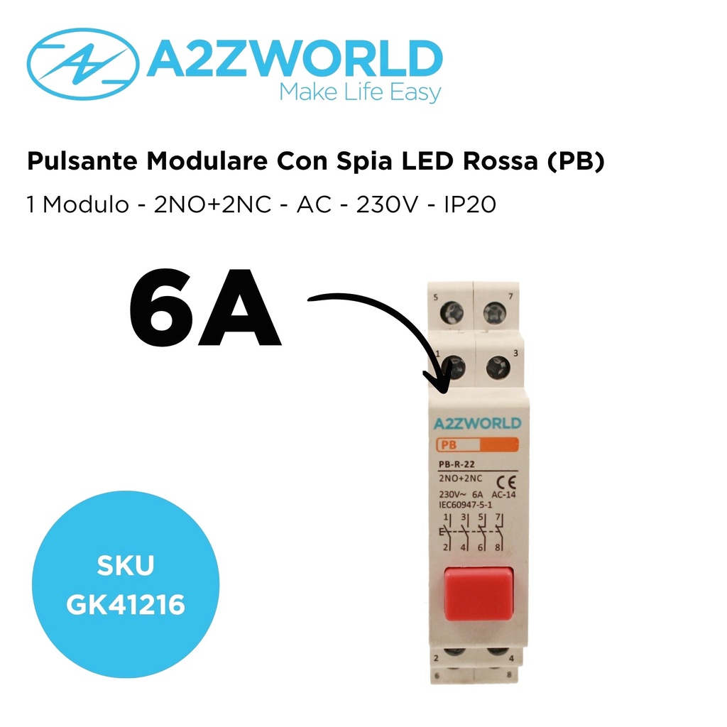 Pulsante Modulare Con Spia Luce Led Rosso 1M 2NO+2NC 6A AC 230V IP20 IEC60947-5-1 PB