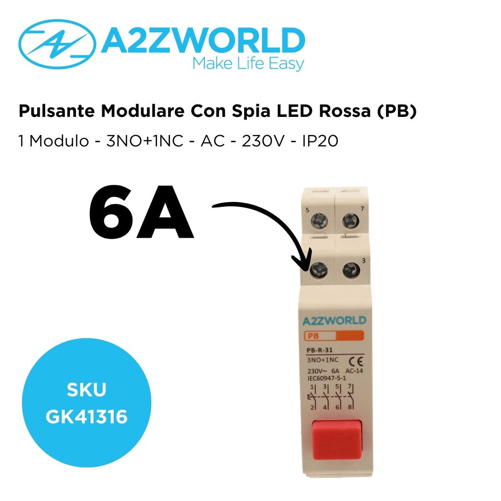 Pulsante Modulare Con Spia Luce Led Rosso 1M 3NO+1NC 6A AC 230V IP20 IEC60947-5-1 PB