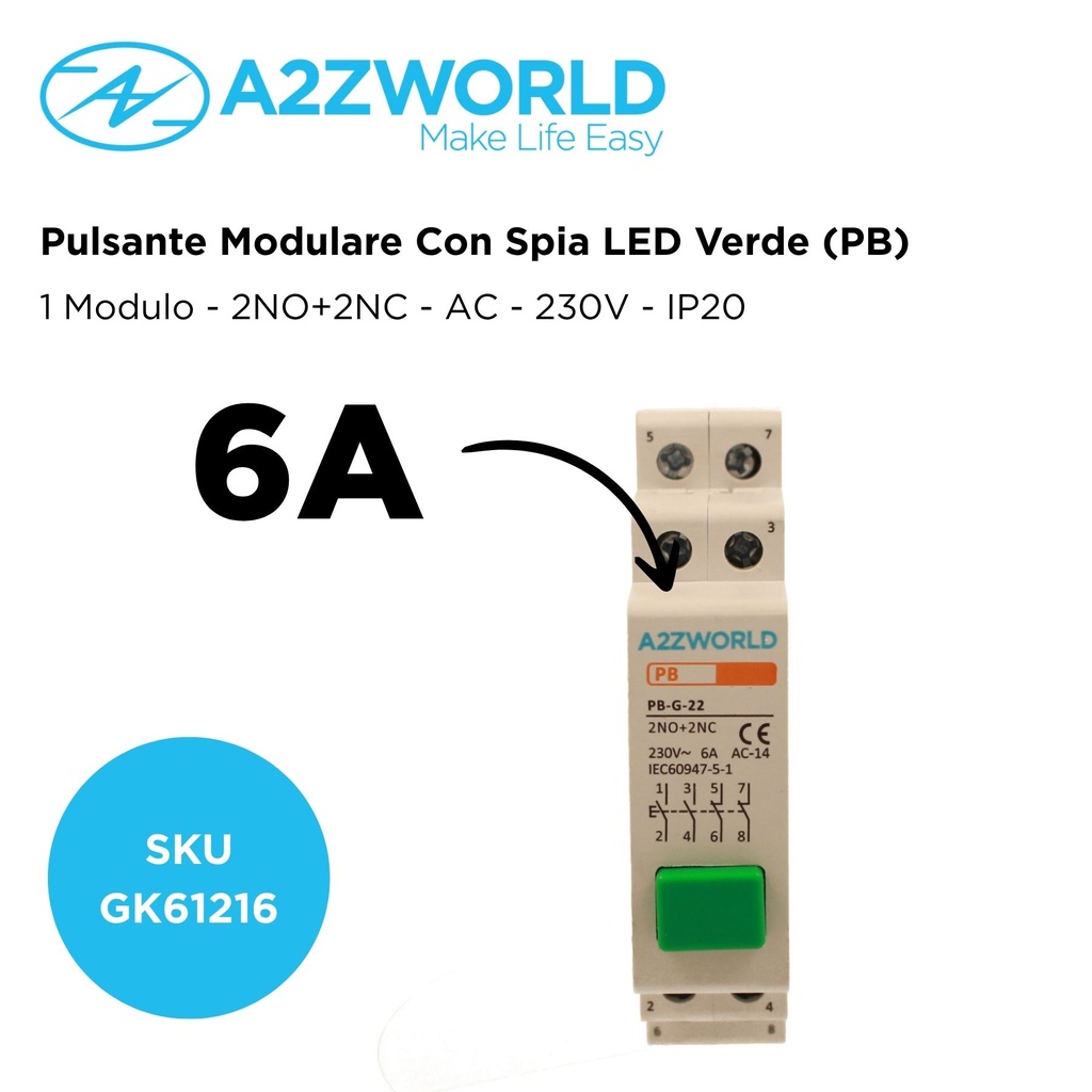 Pulsante Modulare Con Spia Luce Led Verde 1M 2NO+2NC 6A AC 230V IP20 IEC60947-5-1 PB
