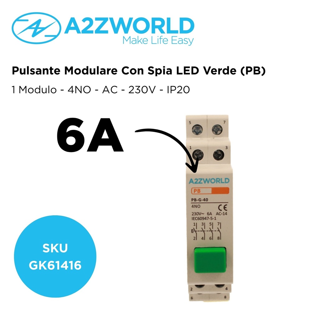 Pulsante Modulare Con Spia Luce Led Verde 1M 4NO 6A AC 230V IP20 IEC60947-5-1 PB