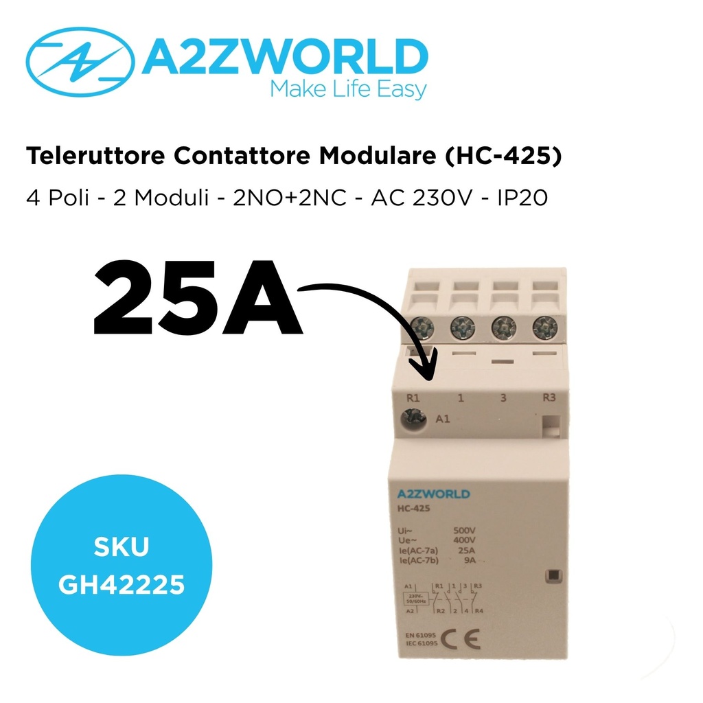 Teleruttore Contattore Modulare AC 4P 2M 2NO+2NC 25A AC 230V IP20 IEC61095 / IEC60947-4-1 HC-425
