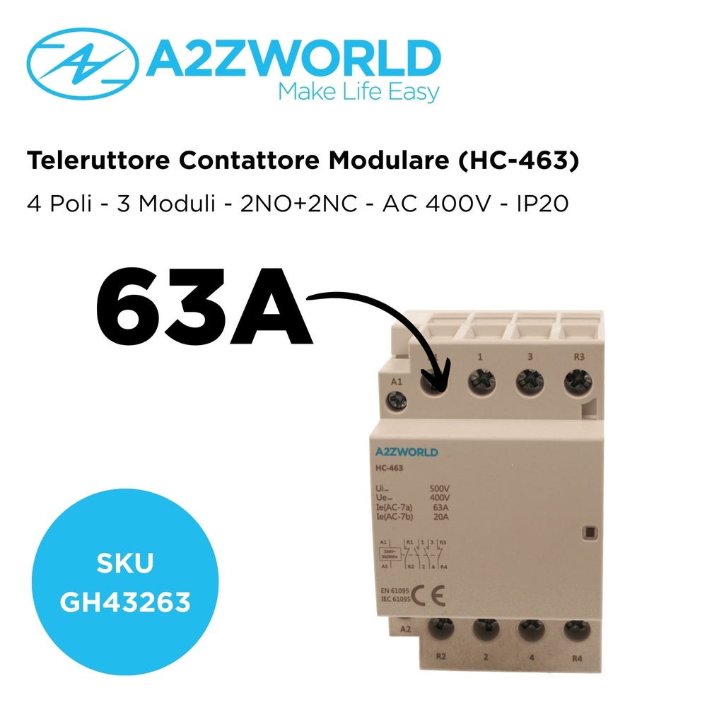 Teleruttore Contattore Modulare AC 4P 3M 2NO+2NC 63A AC 400V IP20 IEC61095 / IEC60947-4-1 HC-463