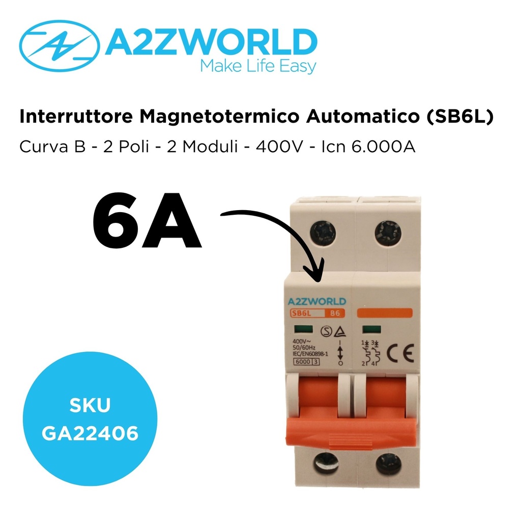 MCB Interruttore Magnetotermico Automatico Curva B 2P 2M 6000A B6A AC 400V IP20 IEC60898-1 SB6L