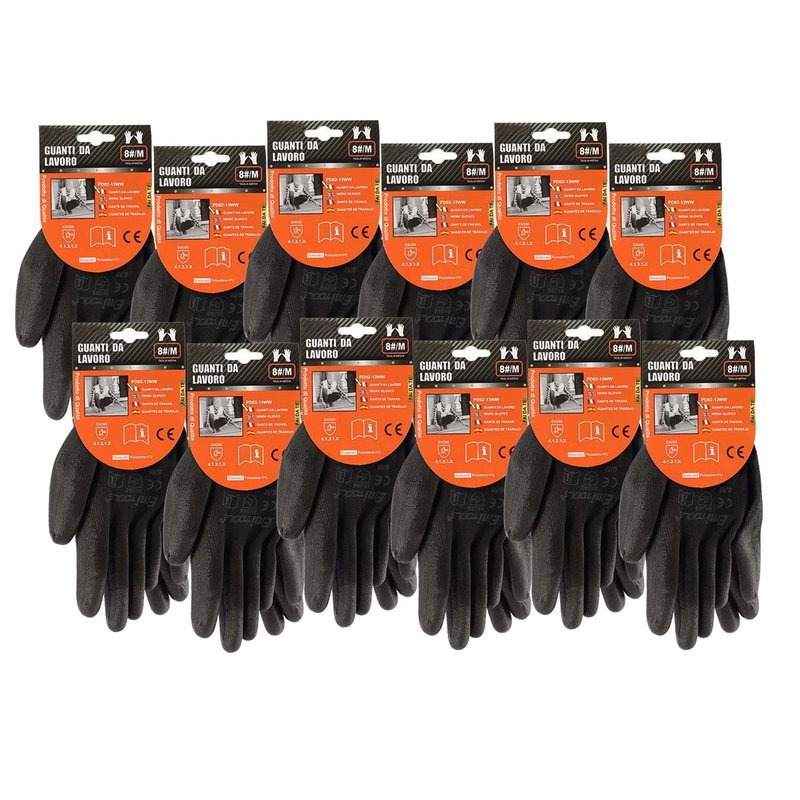 12 Paia Guanti da Lavoro Nero Taglia M 8 Con Rivestimento in Lattice