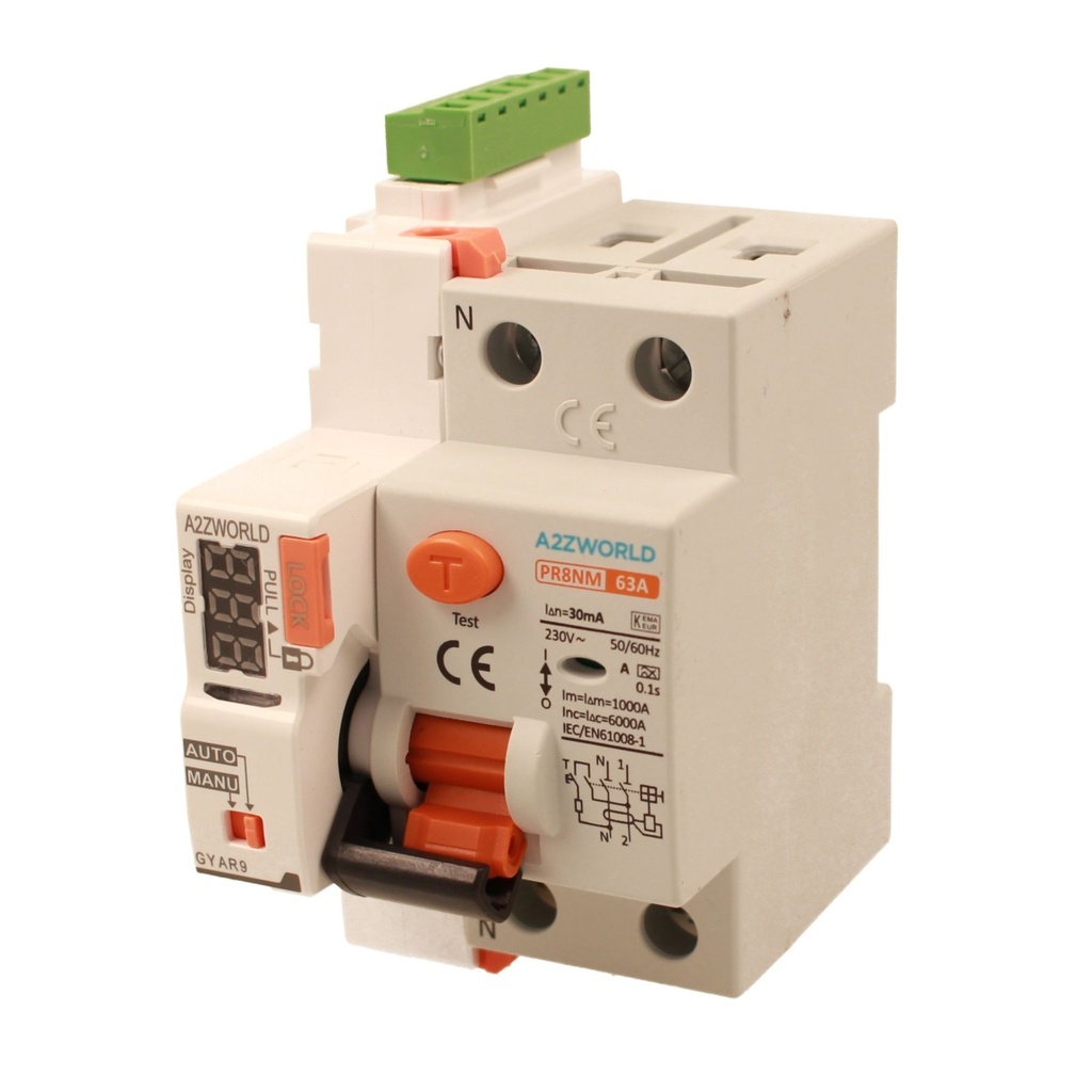 RCCB Interruttore Differenziale Puro Riarmo Automatico, Tipo A 1P+N 3M 6000A 30mA 63A AC 230V IP20 IEC61008-1 PR8NM