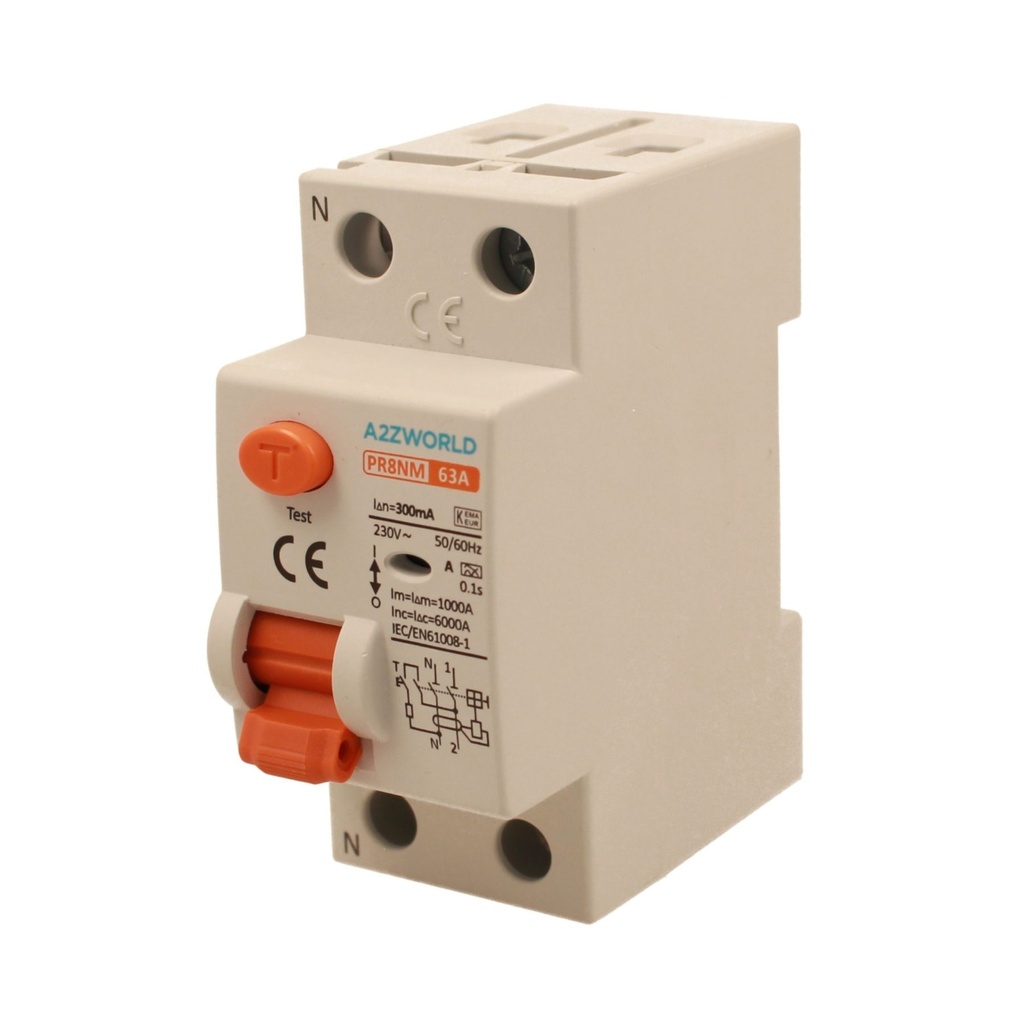RCCB Interruttore Differenziale Puro Tipo A 1P+N 2M 6000A 300mA 63A AC 230V IP20 IEC61008-1 PR8NM GC75663