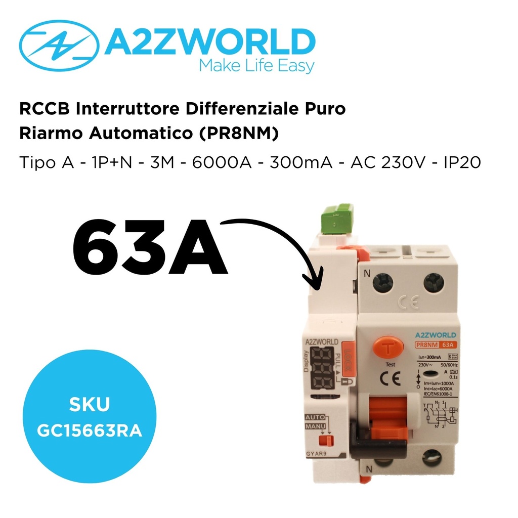 RCCB Interruttore Differenziale Puro Riarmo Automatico, Tipo A 1P+N 3M 6000A 300mA 63A AC 230V IP20 IEC61008-1 PR8NM