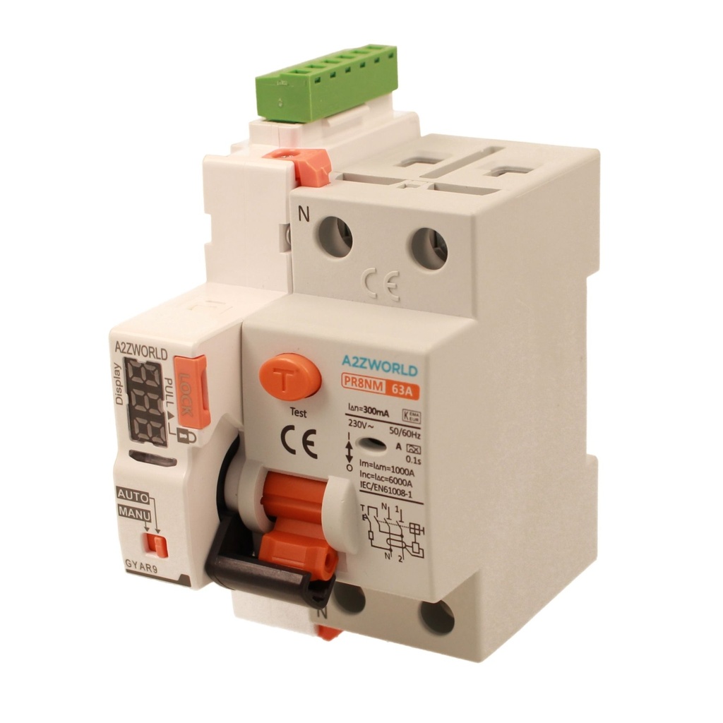 RCCB Interruttore Differenziale Puro Riarmo Automatico, Tipo A 1P+N 3M 6000A 300mA 63A AC 230V IP20 IEC61008-1 PR8NM