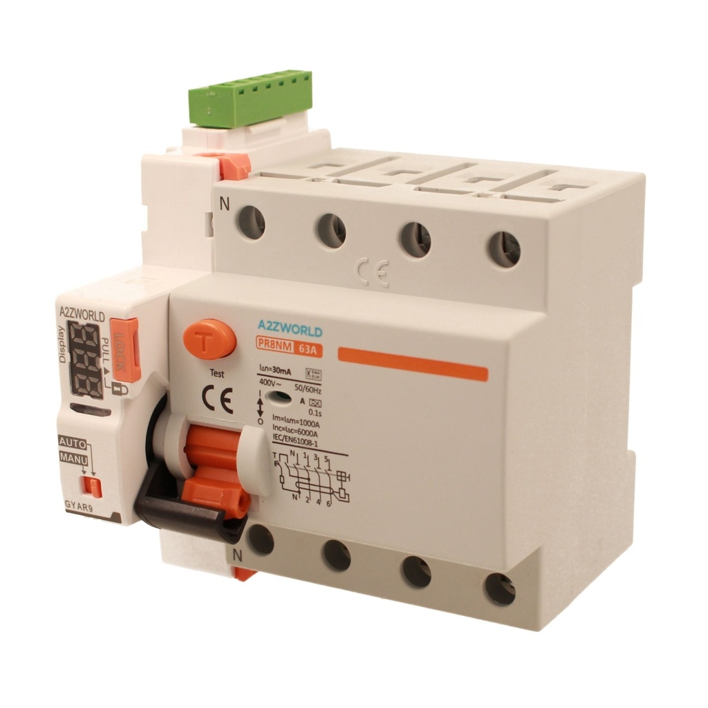 RCCB Interruttore Differenziale Puro Riarmo Automatico, Tipo A 3P+N 5M 6000A 30mA 63A AC 400V IP20 IEC61008-1 PR8NM