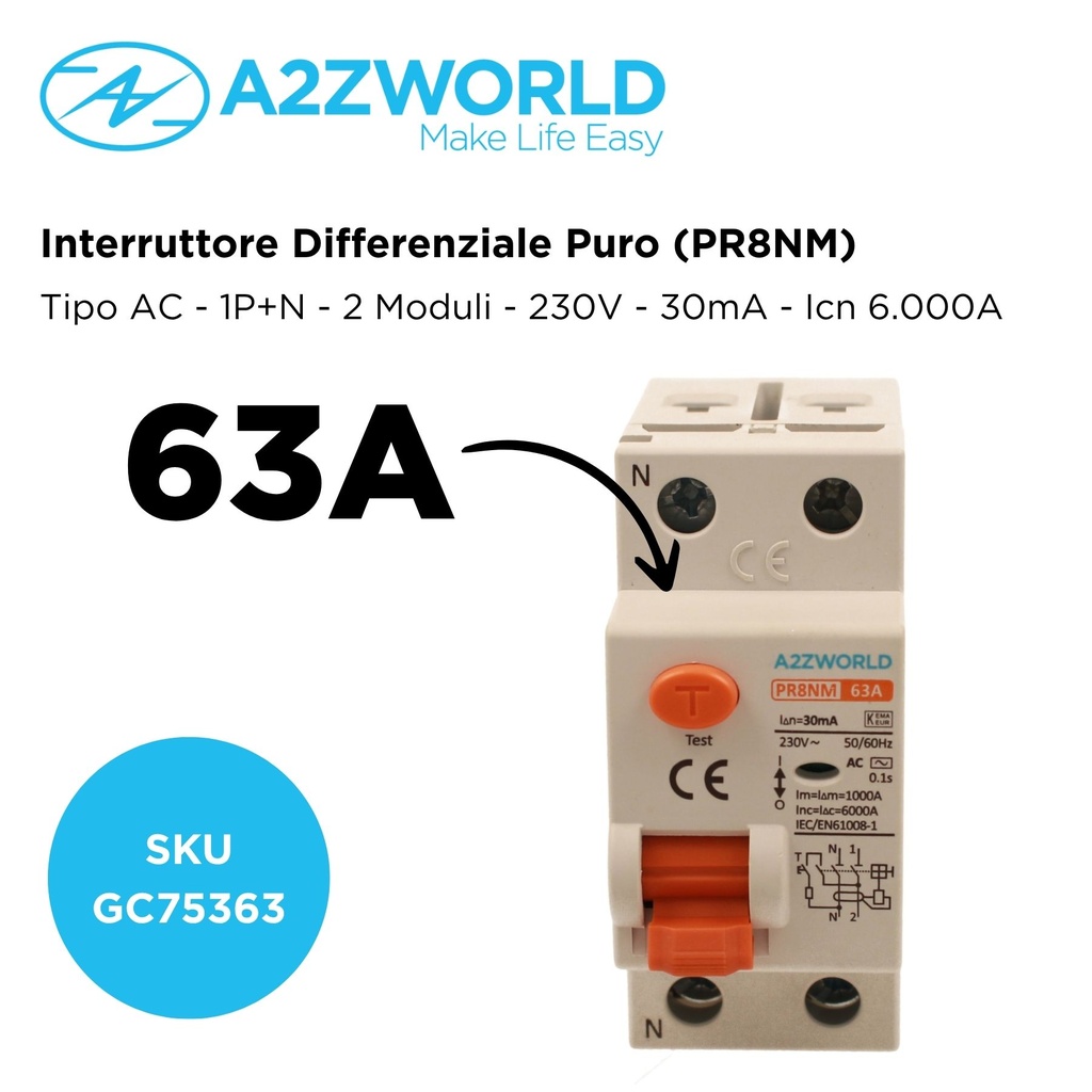 RCCB Interruttore Differenziale Puro Tipo AC 1P+N 2M 6000A 30mA 63A AC 230V IP20 IEC61008-1 PR8NM