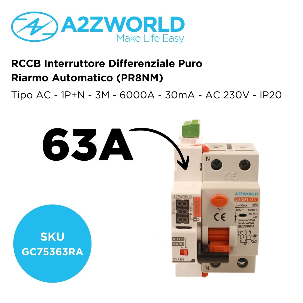 RCCB Interruttore Differenziale Puro Riarmo Automatico, Tipo AC 1P+N 3M 6000A 30mA 63A AC 230V IP20 IEC61008-1 PR8NM