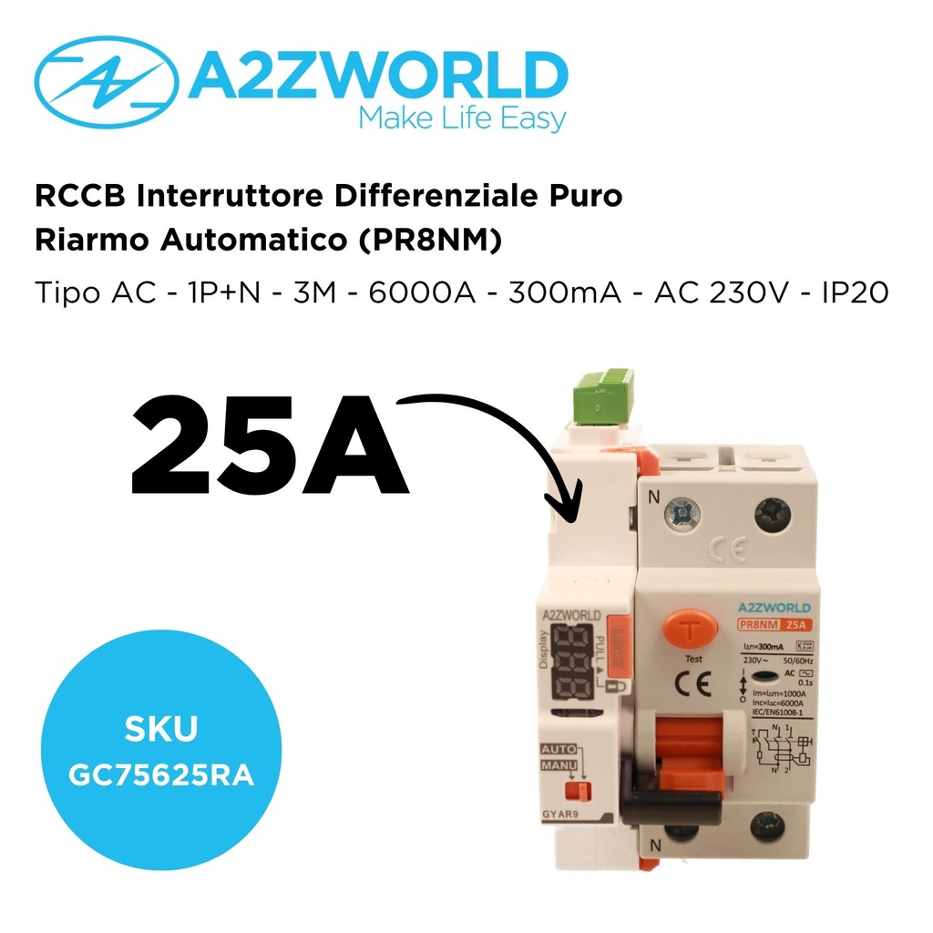 RCCB Interruttore Differenziale Puro Riarmo Automatico, Tipo AC 1P+N 3M 6000A 300mA 25A AC 230V IP20 IEC61008-1 PR8NM